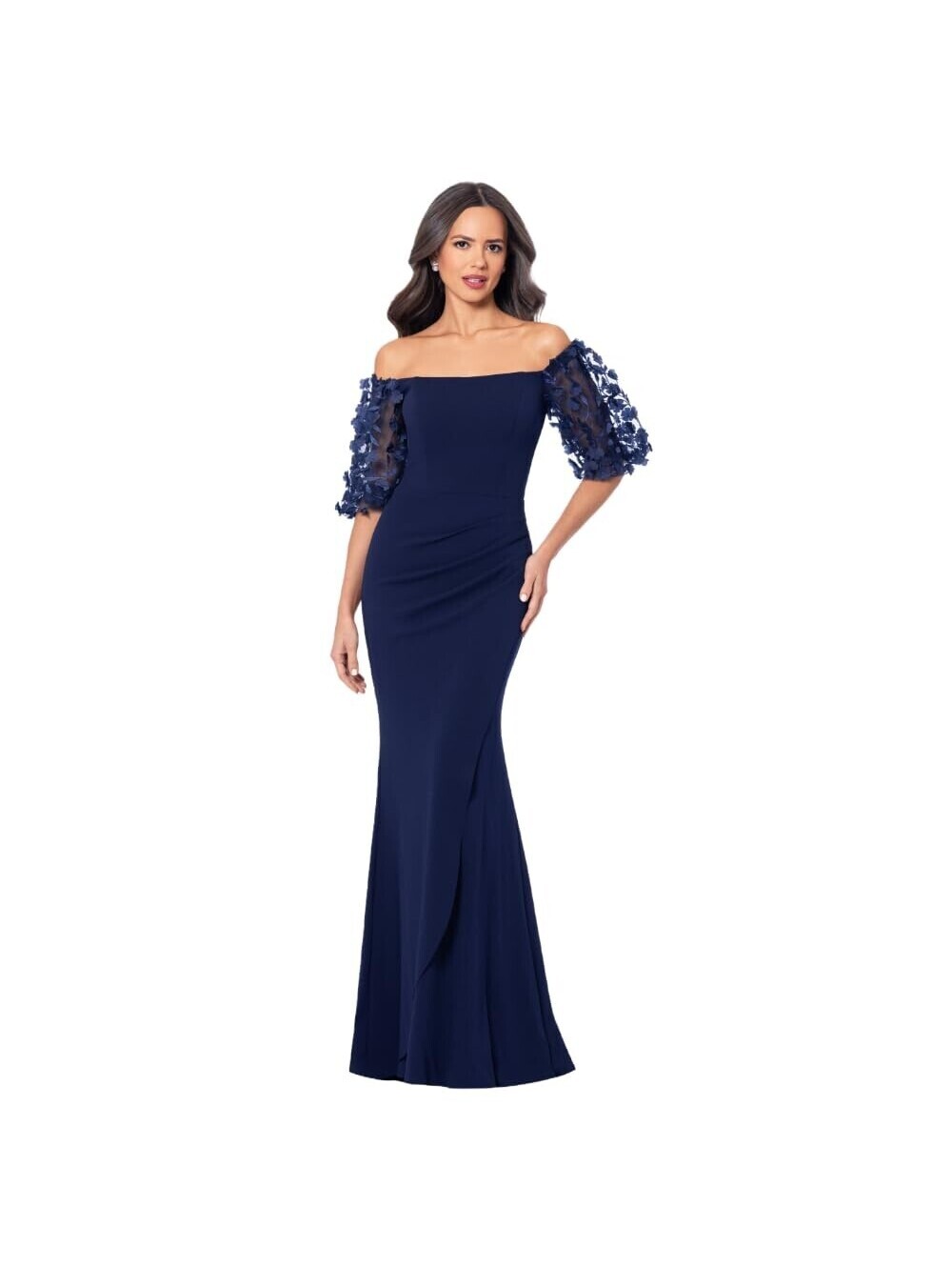 Xscape Women's Evening Gown Off-the-Shoulder Neckline, Puff Sleeves, Navy, 10